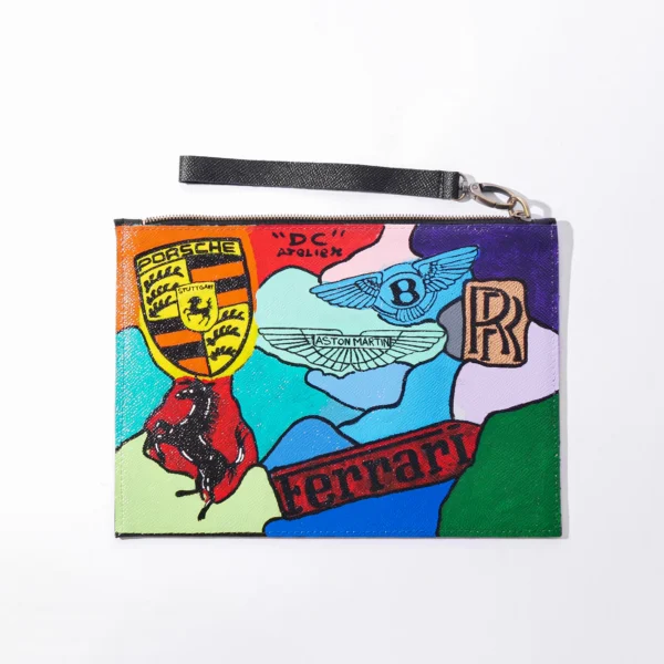 Saffiano Leather Pouch Hand Painted Multi Cars Logo